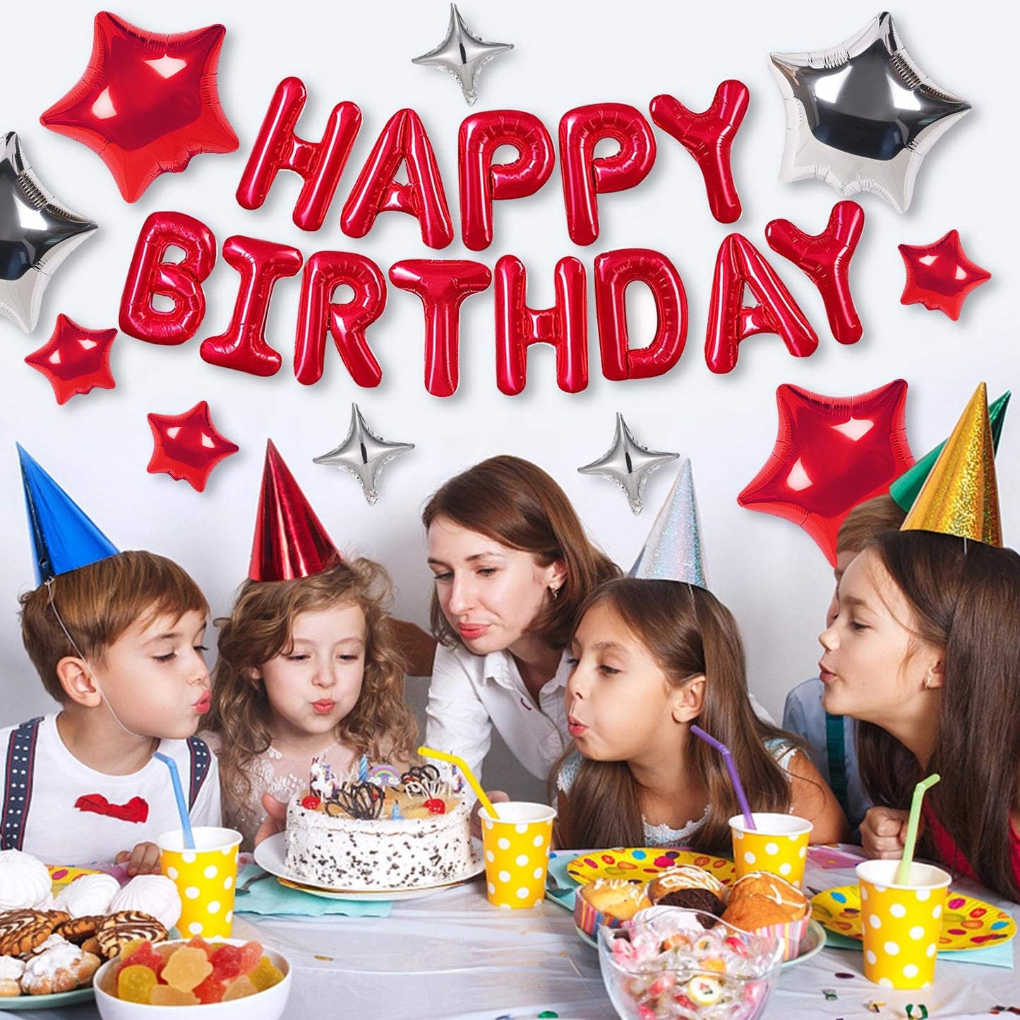 CANREVEL Happy Birthday Banner 13pcs - 16-Inch Red 3D Mylar Foil Letters & Balloons