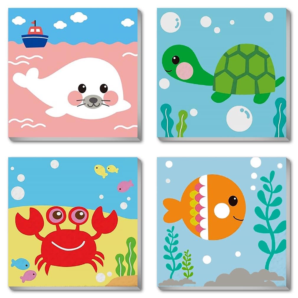 Canrichshop 4 Pack Framed Paint by Numbers Kit for Kids – 8x8 inch, Sea Animals, Easy Beginner Painting