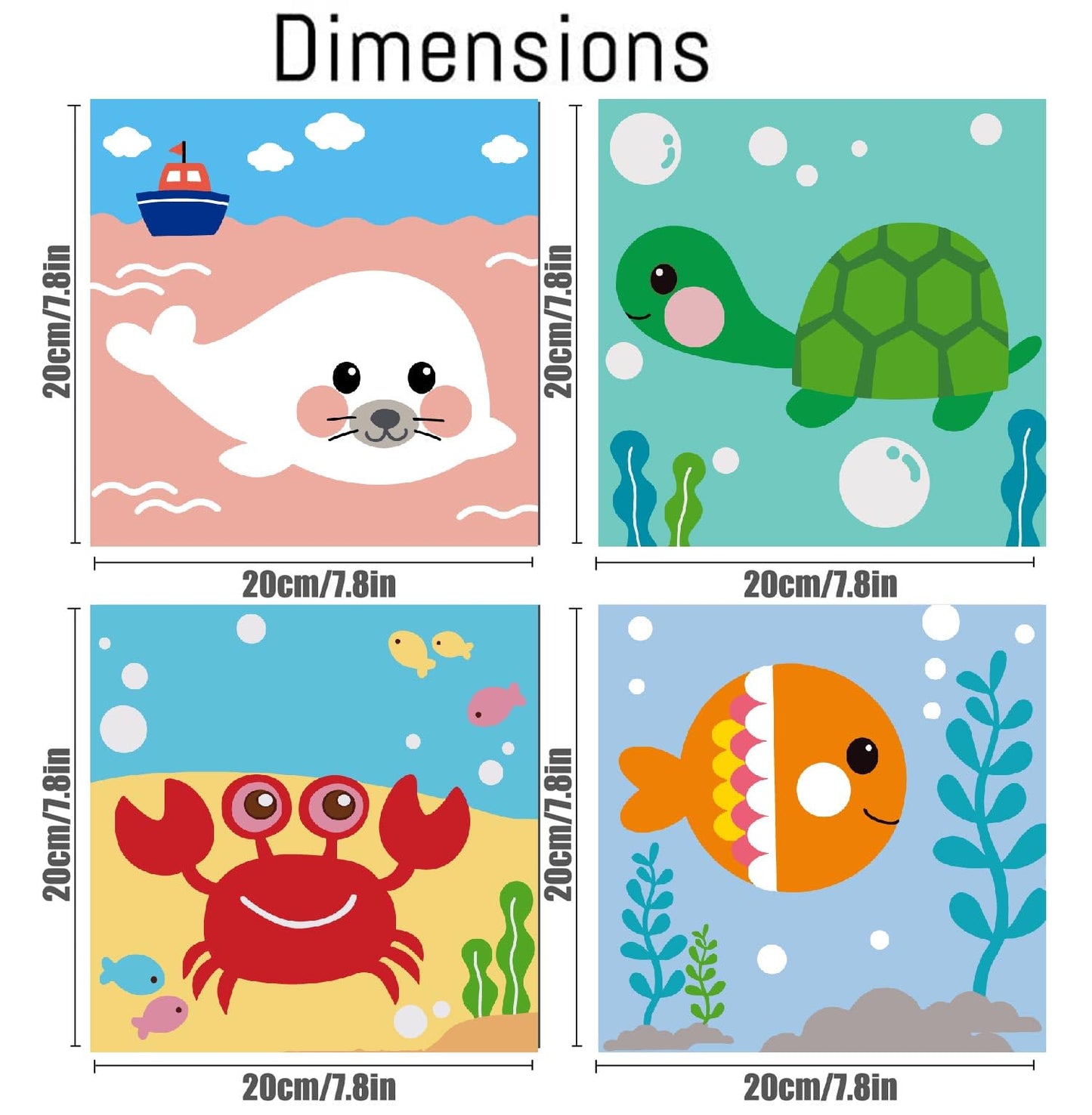 Canrichshop 4 Pack Framed Paint by Numbers Kit for Kids – 8x8 inch, Sea Animals, Easy Beginner Painting