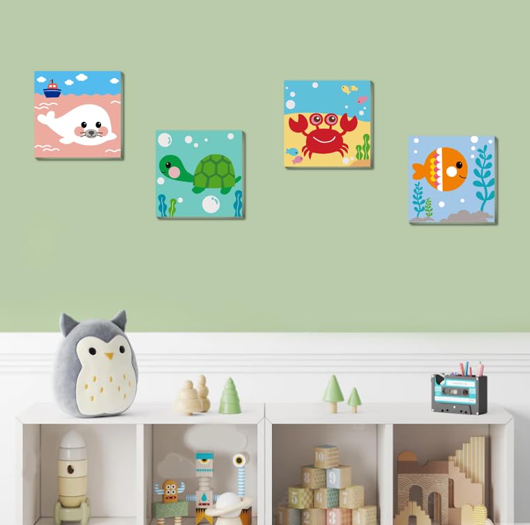 Canrichshop 4 Pack Framed Paint by Numbers Kit for Kids – 8x8 inch, Sea Animals, Easy Beginner Painting