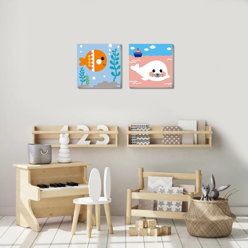 Canrichshop 4 Pack Framed Paint by Numbers Kit for Kids – 8x8 inch, Sea Animals, Easy Beginner Painting