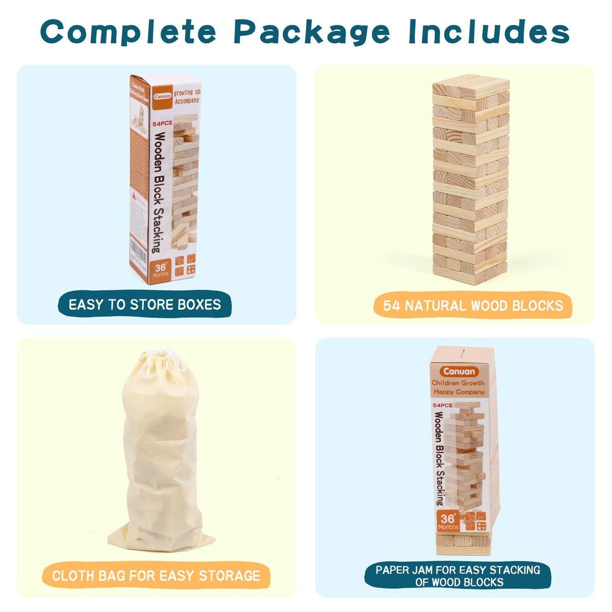 Canuan 54PCS Classic Block Stacking Game – Family Wooden Tumbling Tower