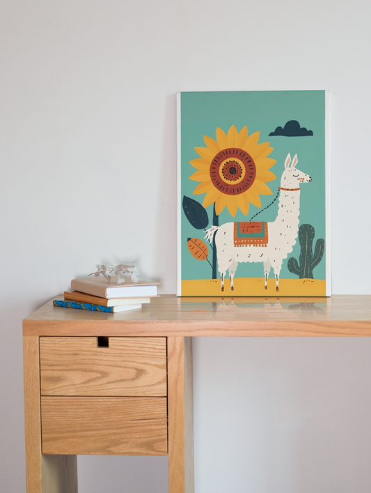 Whimsical Llama Folk Art Poster - Boho Wall Decor - Modern Mid-Century Colors