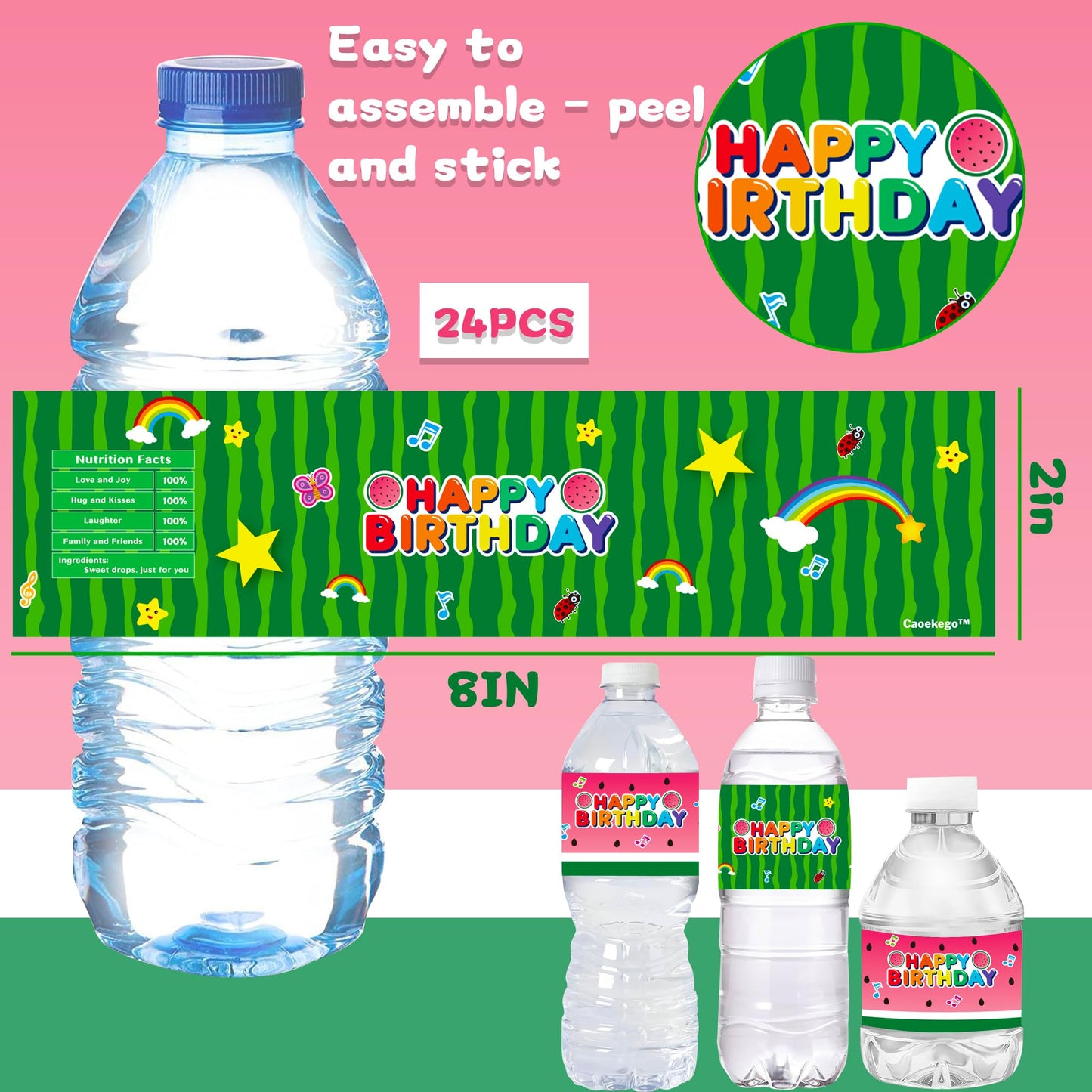 Caoekego 24 Pcs Cartoon Melon Water Bottle Labels – Quick Party Decor for Kids
