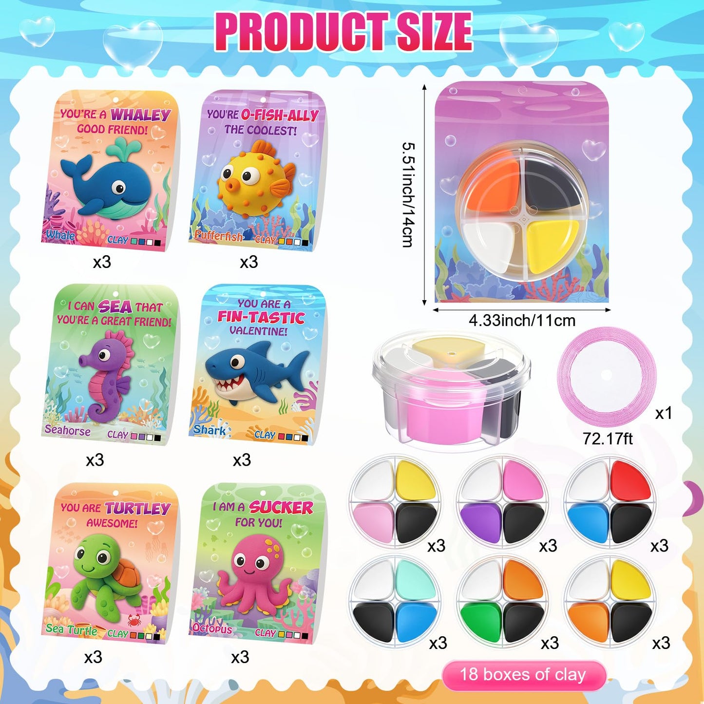 Capoda Valentine's Day Air Dry Clay Craft Kit — 18 Sets with Cards & Ribbon