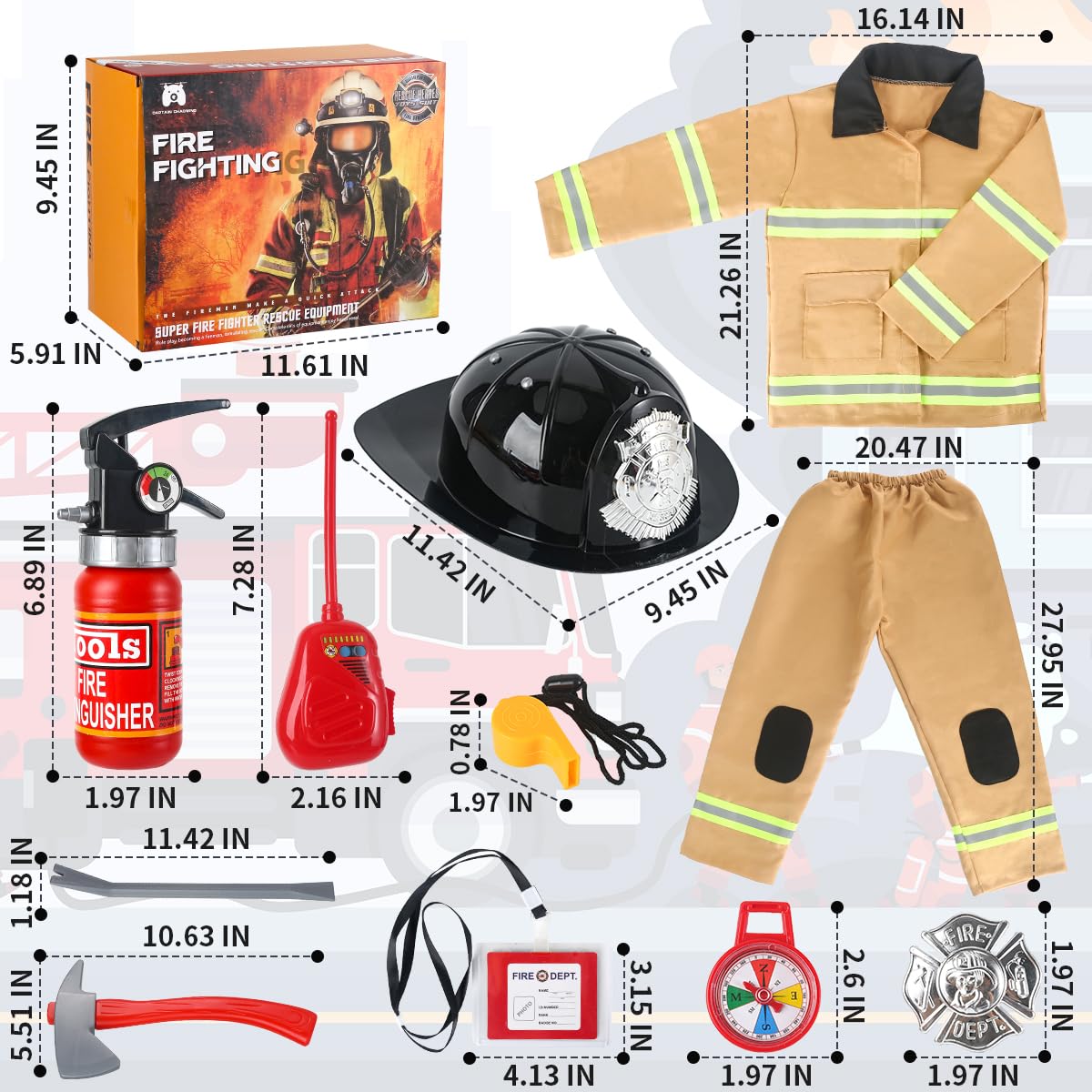 Captain Chaowing 11-Piece Firefighter Costume for Kids – Realistic Dress Up Set (Ages 3–7)