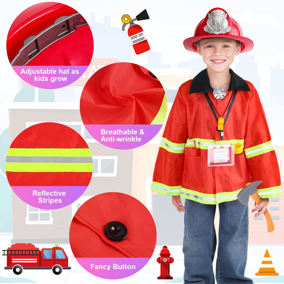 CAPTAIN CHAOWING Fireman Costume for Kids – 10-Piece Firefighter Role Play Set