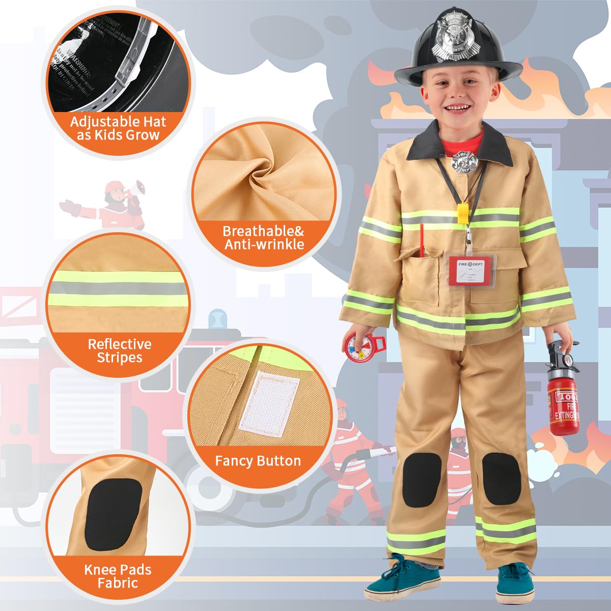 Captain Chaowing 11-Piece Firefighter Costume for Kids – Realistic Dress Up Set (Ages 3–7)