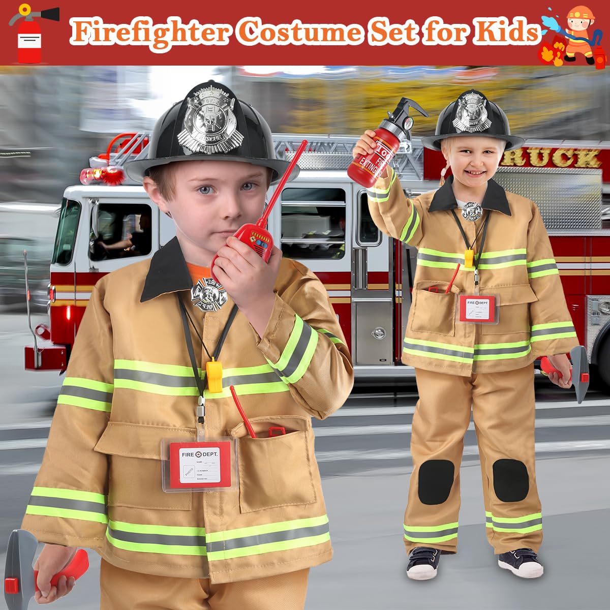 Captain Chaowing 11-Piece Firefighter Costume for Kids – Realistic Dress Up Set (Ages 3–7)