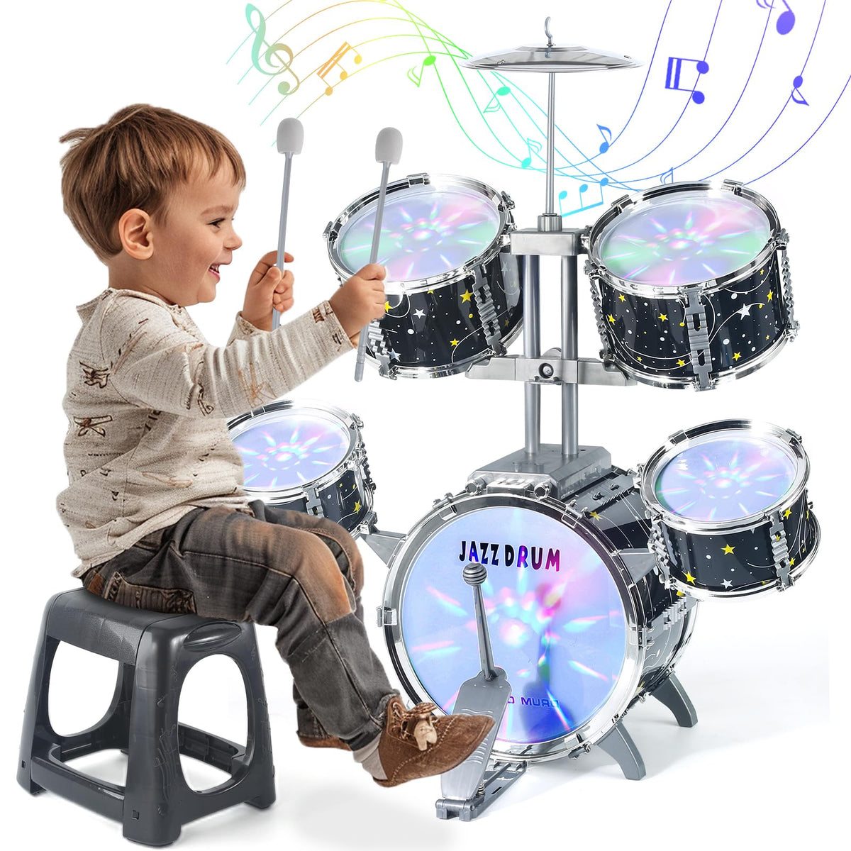 Captain Chaowing Kids Drum Set for Toddlers 1-3 — Upgraded All-Plastic Jazz Drum Kit with Lights