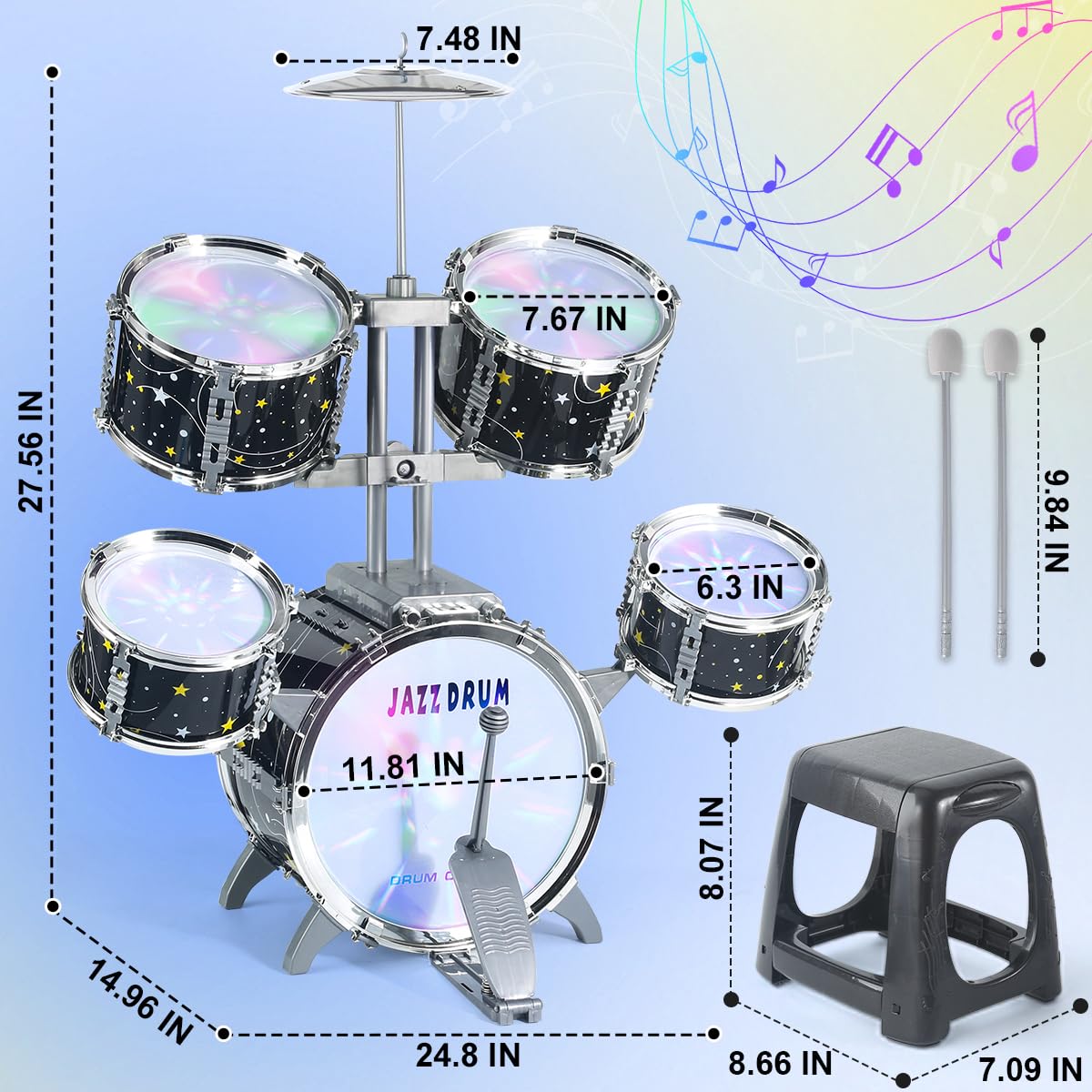 Captain Chaowing Kids Drum Set for Toddlers 1-3 — Upgraded All-Plastic Jazz Drum Kit with Lights