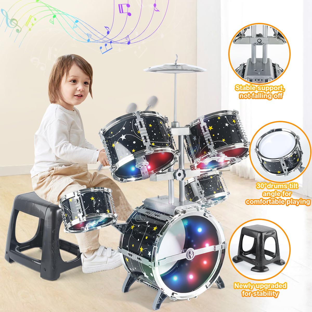 Captain Chaowing Kids Drum Set for Toddlers 1-3 — Upgraded All-Plastic Jazz Drum Kit with Lights