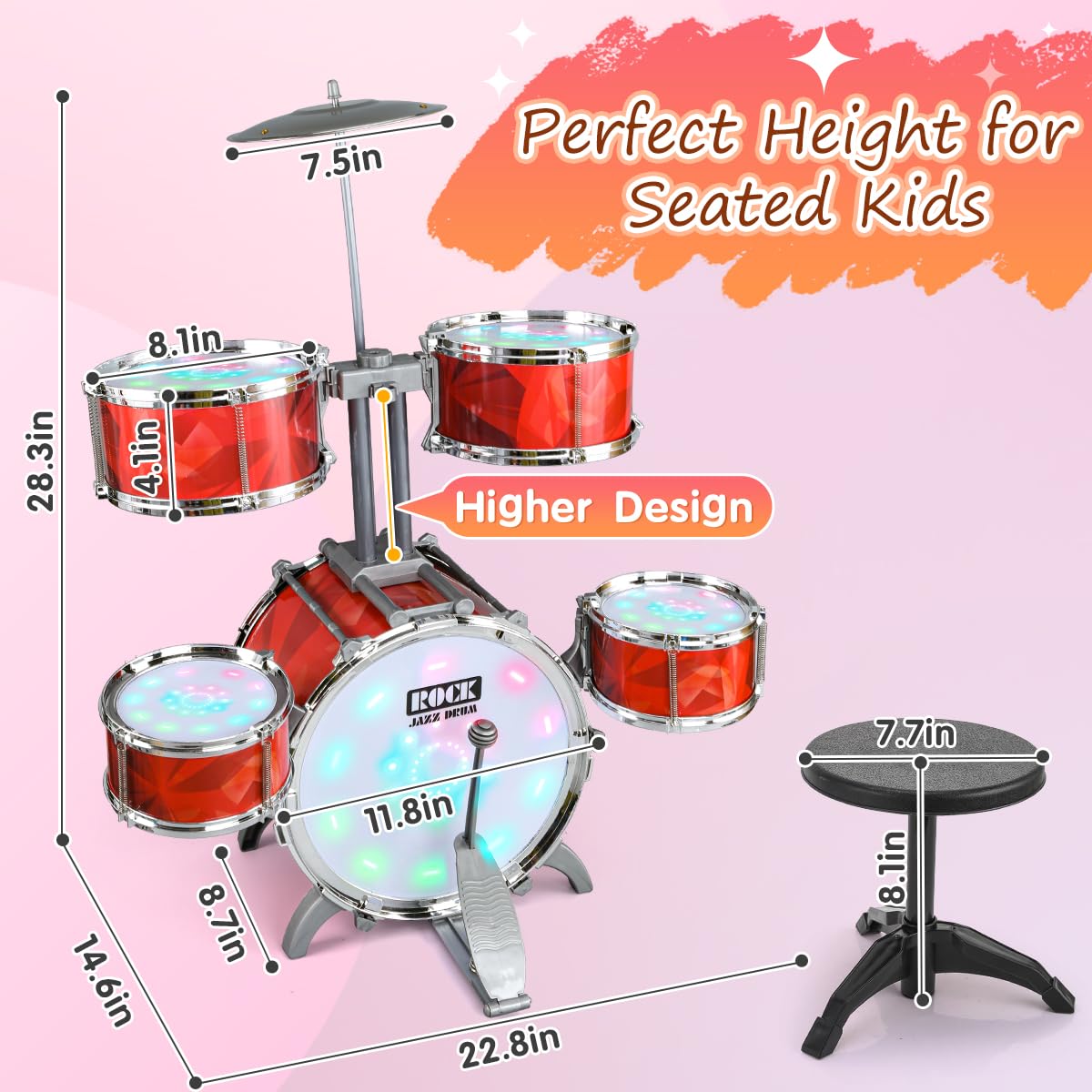 CAPTAIN CHAOWING Toddlers Drum Set with Lights – 5-Drum Kit, Raised Bracket, Stool | For Ages 2-6
