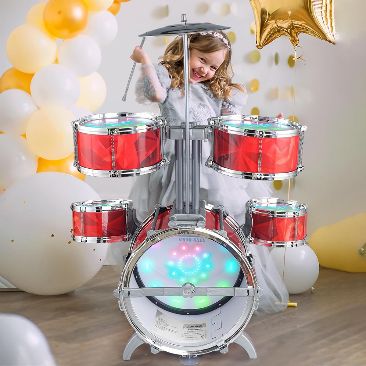 CAPTAIN CHAOWING Toddlers Drum Set with Lights – 5-Drum Kit, Raised Bracket, Stool | For Ages 2-6