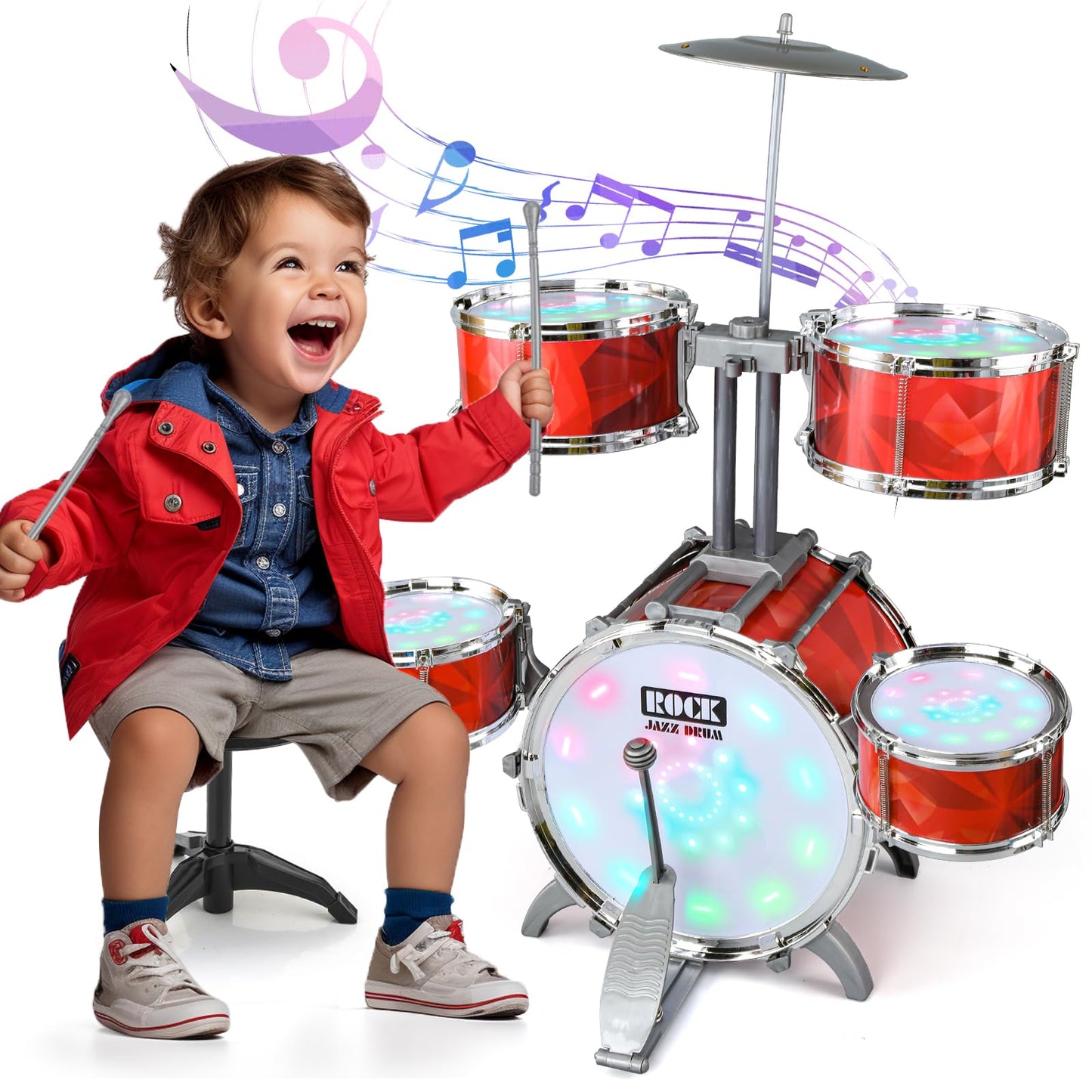 CAPTAIN CHAOWING Toddlers Drum Set with Lights – 5-Drum Kit, Raised Bracket, Stool | For Ages 2-6