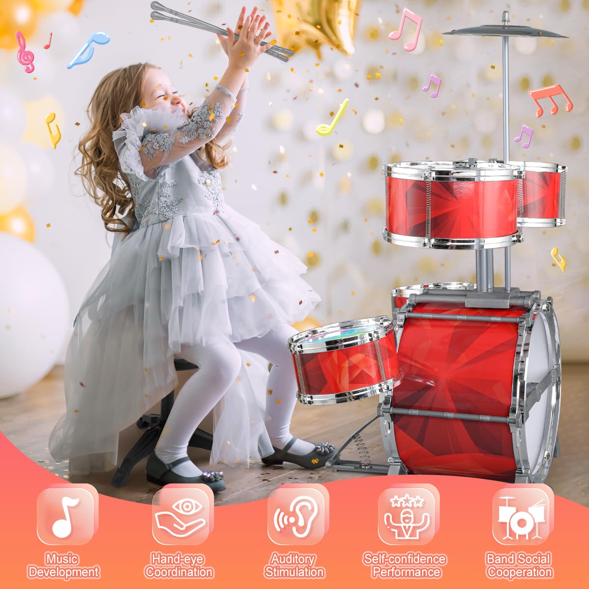 CAPTAIN CHAOWING Toddlers Drum Set with Lights – 5-Drum Kit, Raised Bracket, Stool | For Ages 2-6
