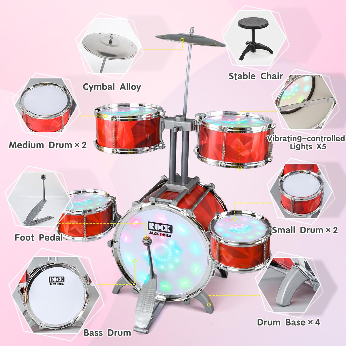 CAPTAIN CHAOWING Toddlers Drum Set with Lights – 5-Drum Kit, Raised Bracket, Stool | For Ages 2-6