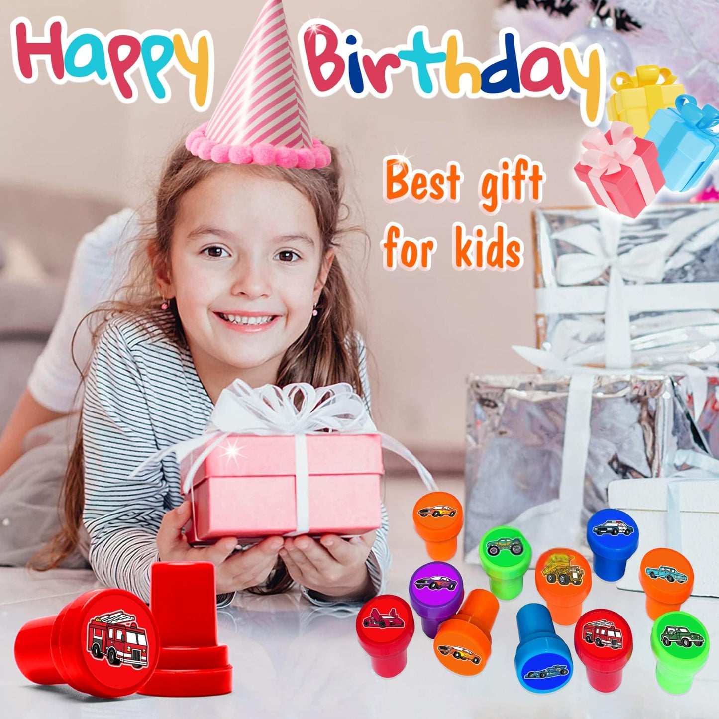 Car and Truck Stamps for Kids – 12pc Self-Inking Stampers for Party Favors & Crafts