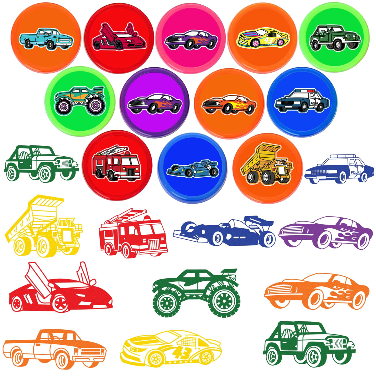 Car and Truck Stamps for Kids – 12pc Self-Inking Stampers for Party Favors & Crafts
