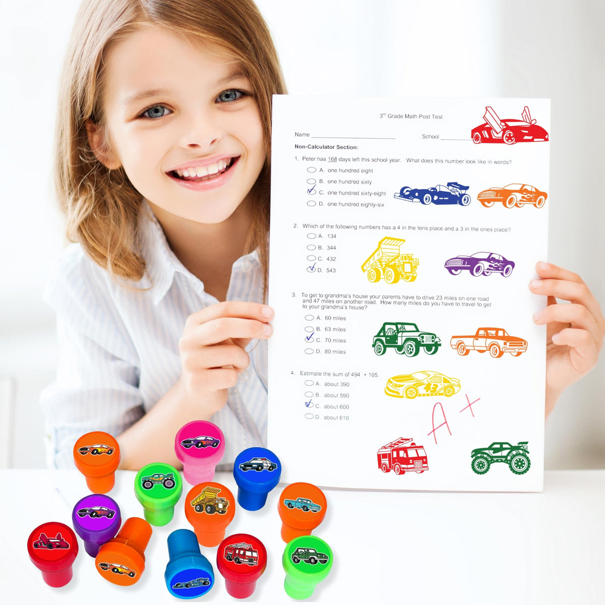 Car and Truck Stamps for Kids – 12pc Self-Inking Stampers for Party Favors & Crafts