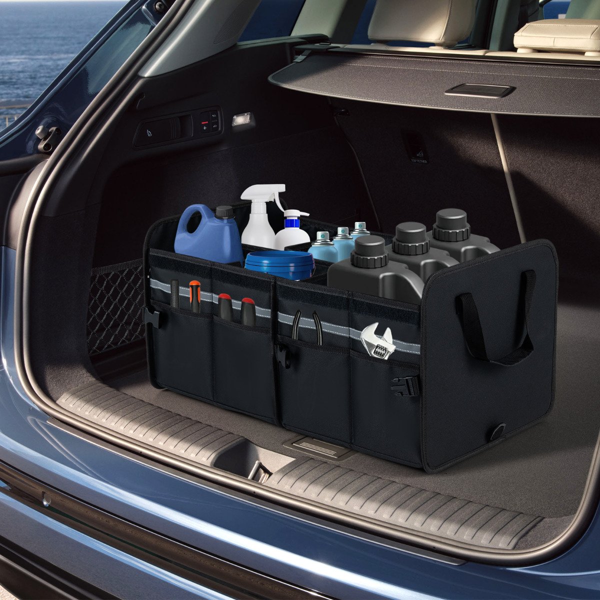 Car Trunk Organizer with Leakproof Cooler Bag and Adjustable Securing Straps-Black