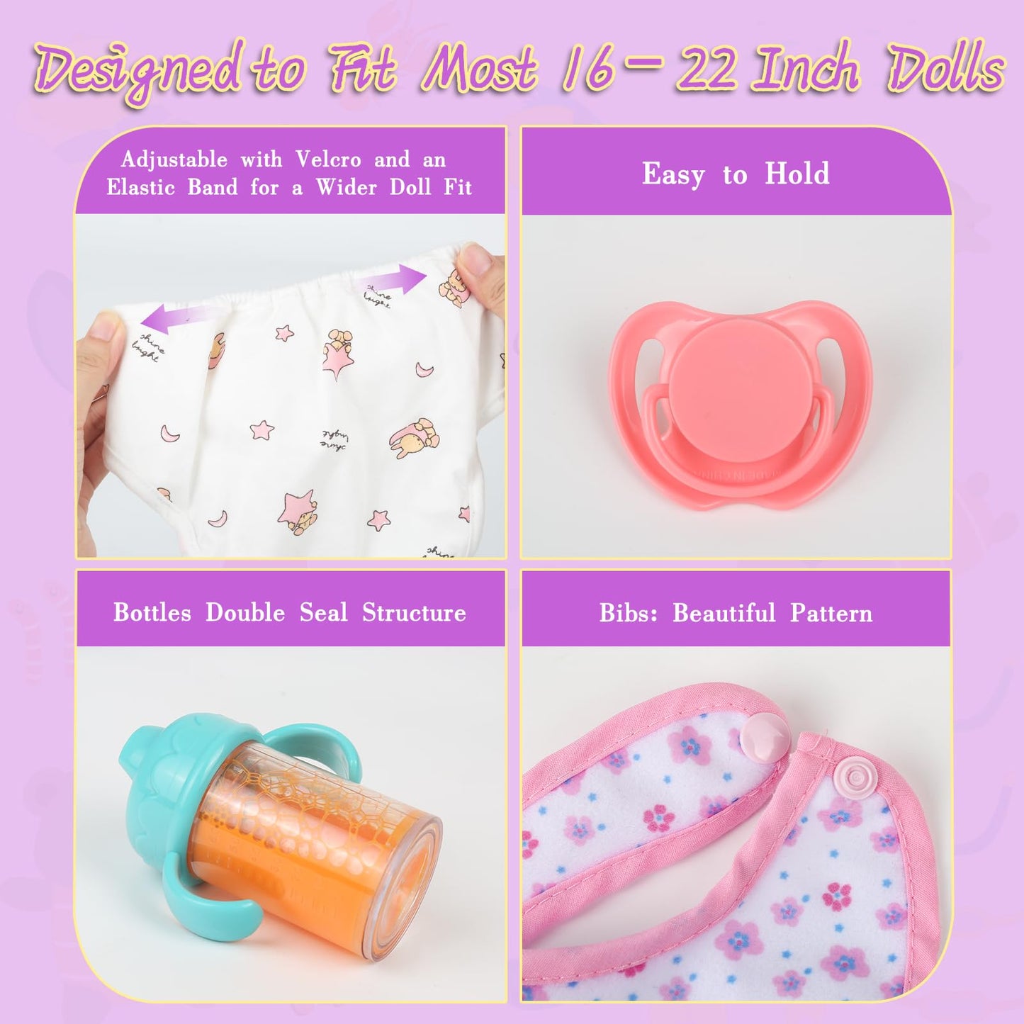 CARANOVO 6-Piece Baby Doll Feeding Set – Magic Bottles & Pacifiers for 10–24 Inch Dolls
