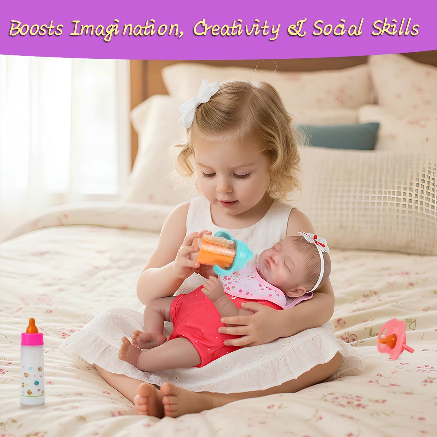 CARANOVO 6-Piece Baby Doll Feeding Set – Magic Bottles & Pacifiers for 10–24 Inch Dolls