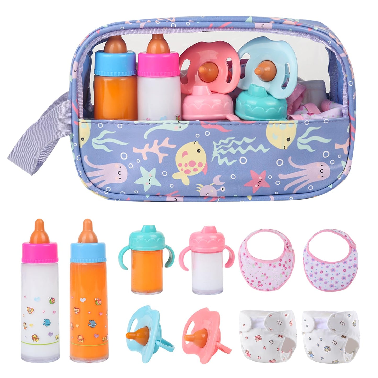 CARANOVO 6-Piece Baby Doll Feeding Set – Magic Bottles & Pacifiers for 10–24 Inch Dolls