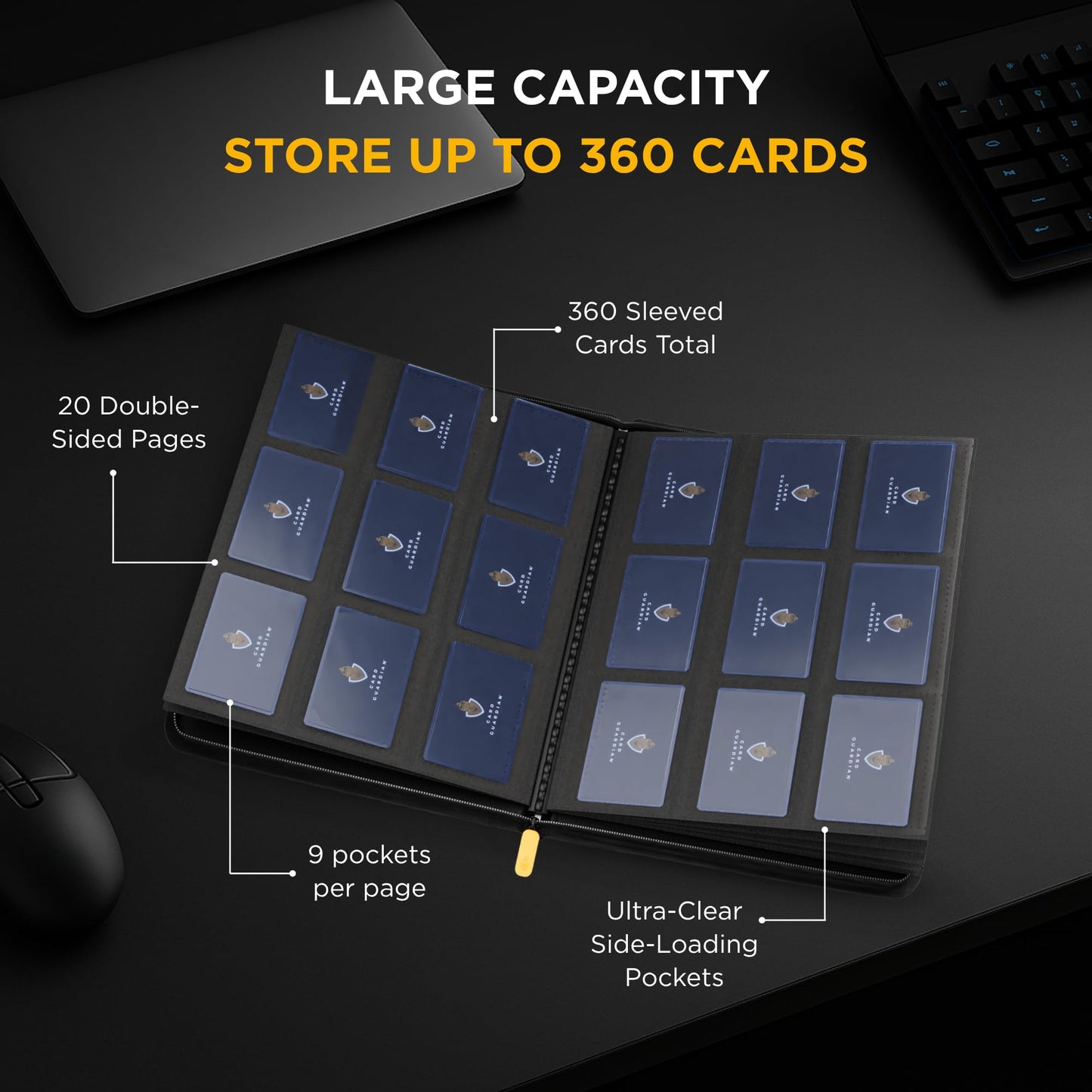 Card Guardian - 9 Pocket Premium Black Card Binder with Zipper for 360 Cards | TCG Binder