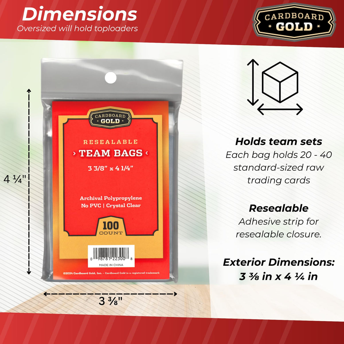 Cardboard Gold Resealable Team Bags – 1000 Pcs, Non-PVC, Crystal Clear 2 Mil PP, Holds Top Loaders 120pts