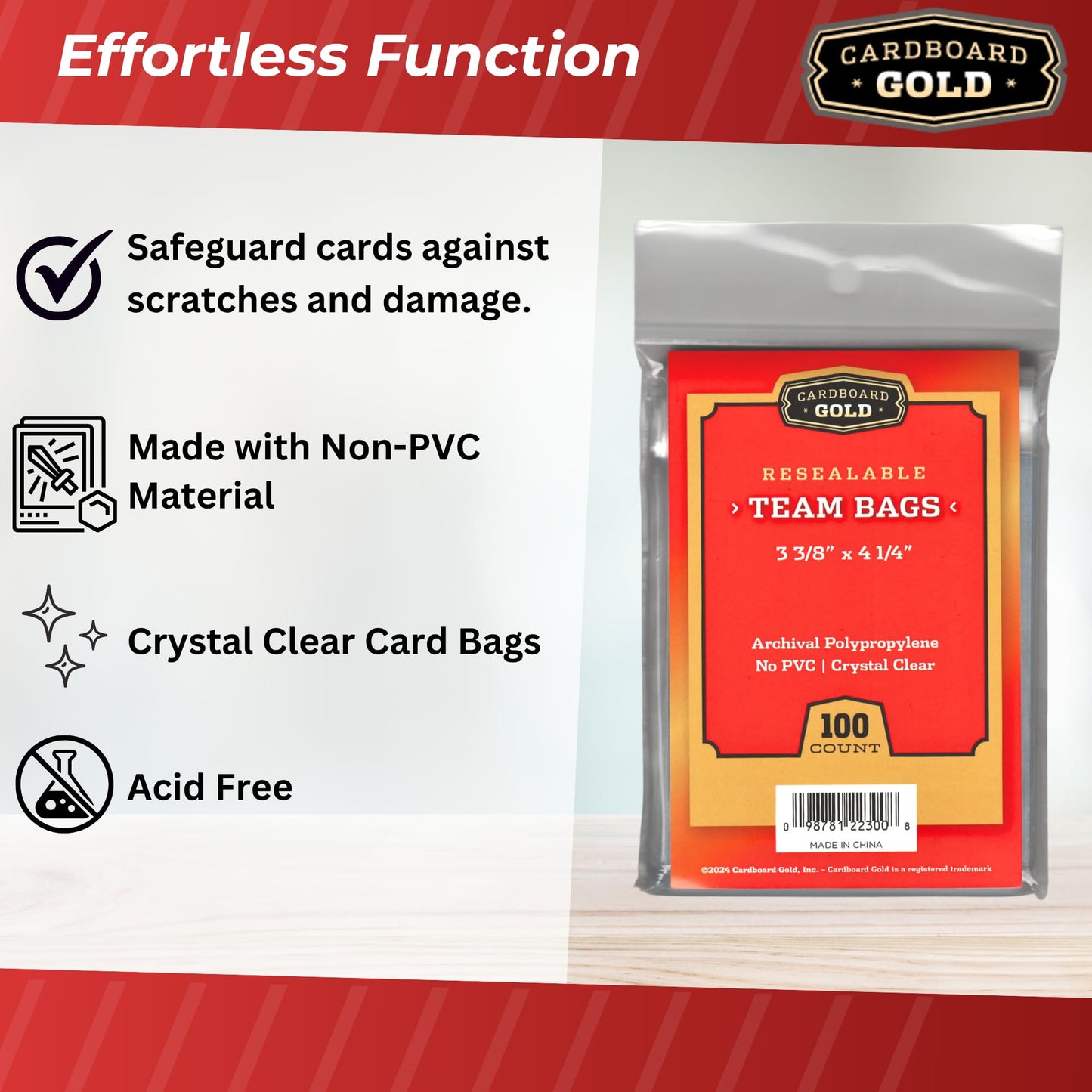 Cardboard Gold Resealable Team Bags – 1000 Pcs, Non-PVC, Crystal Clear 2 Mil PP, Holds Top Loaders 120pts