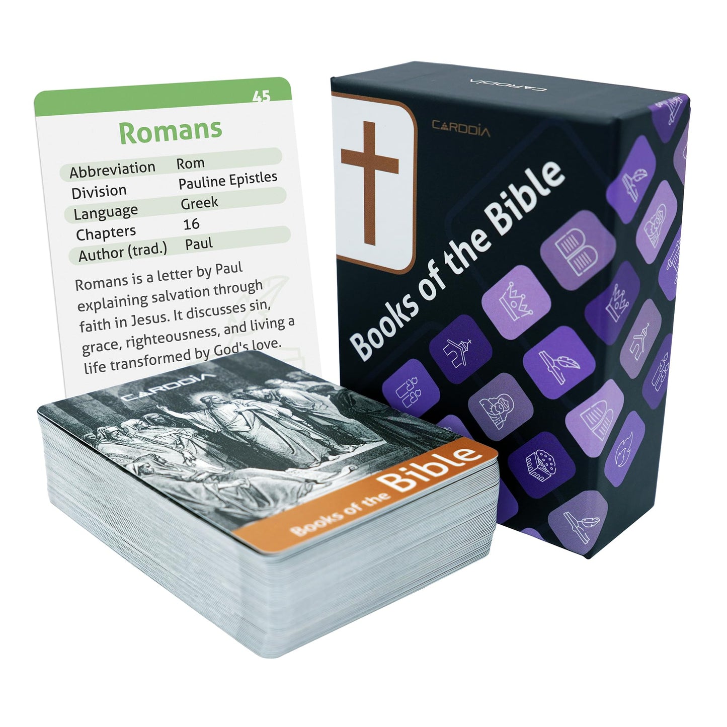 CARDDIA Books of The Bible Flash Cards | Woodcut Illustrations, Color-Coded Divisions & Key Facts