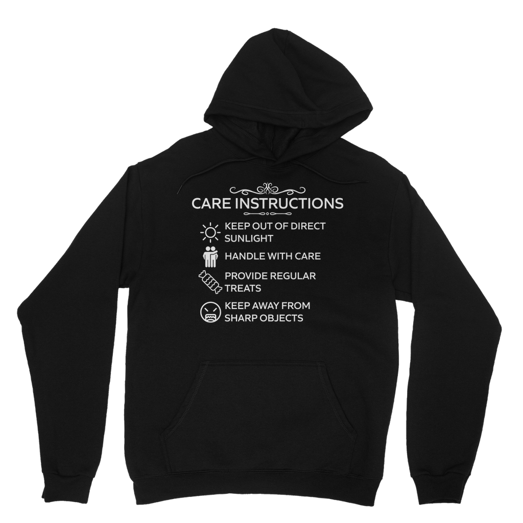 Care Instructions White Print Classic Hoodie | Funny Ethical Unisex Hoodie