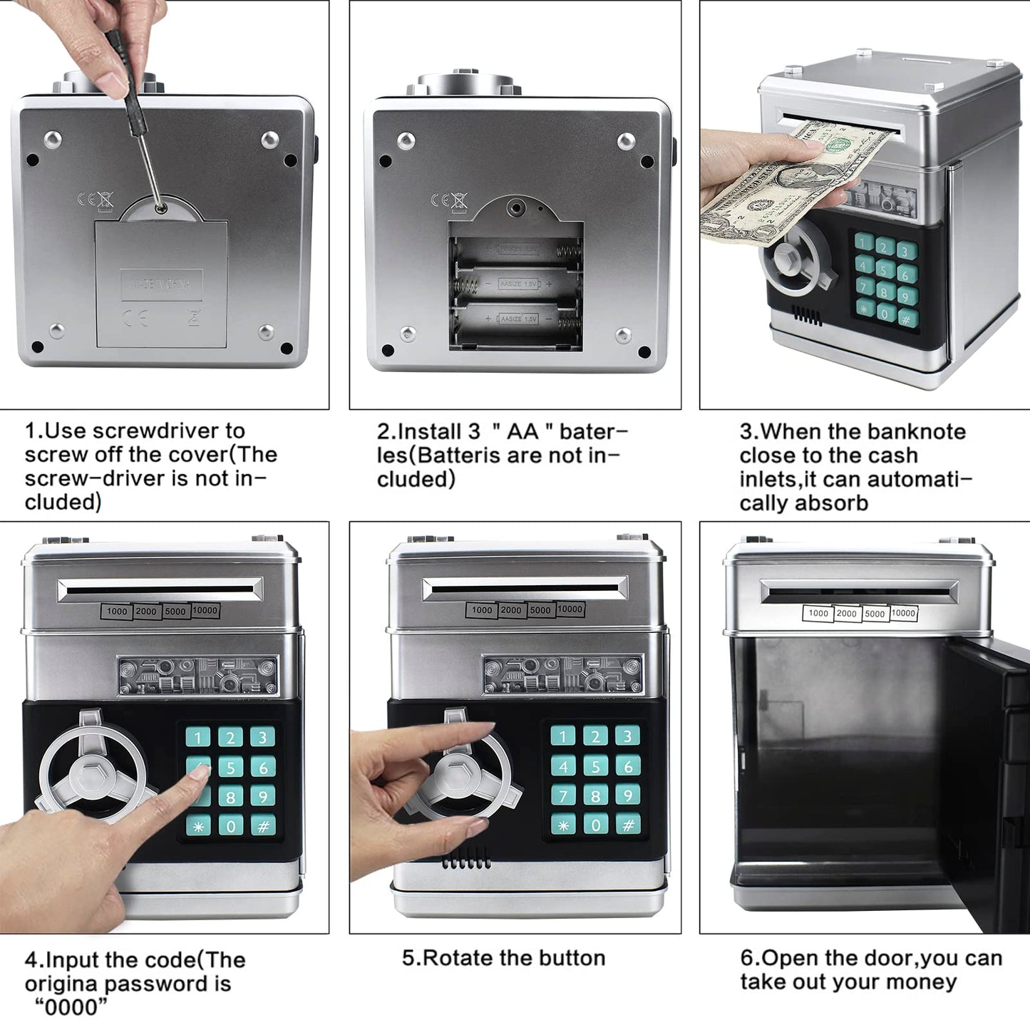 Cargooy Mini ATM Piggy Bank – Digital Code Piggy Bank for Kids (Silver)