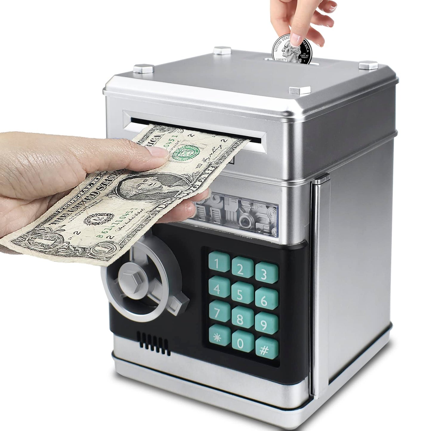 Cargooy Mini ATM Piggy Bank – Digital Code Piggy Bank for Kids (Silver)