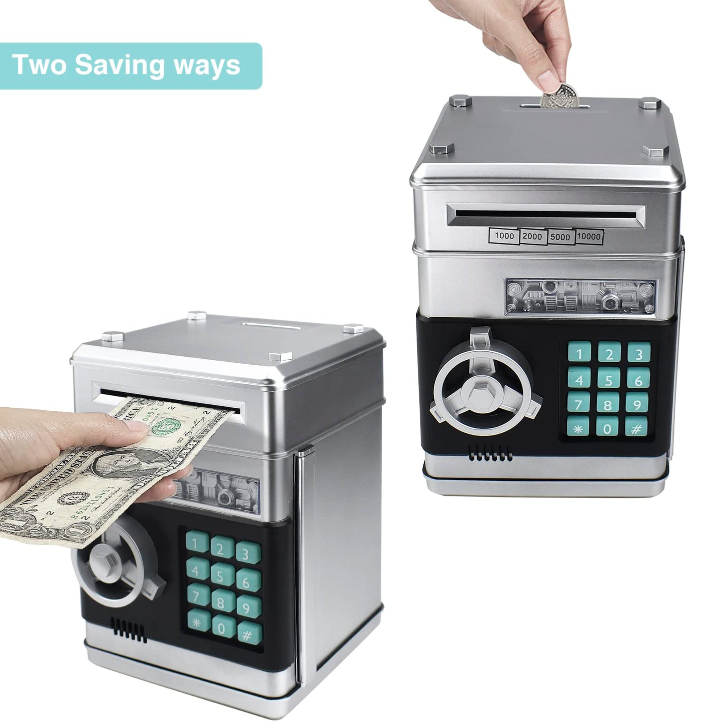 Cargooy Mini ATM Piggy Bank – Digital Code Piggy Bank for Kids (Silver)