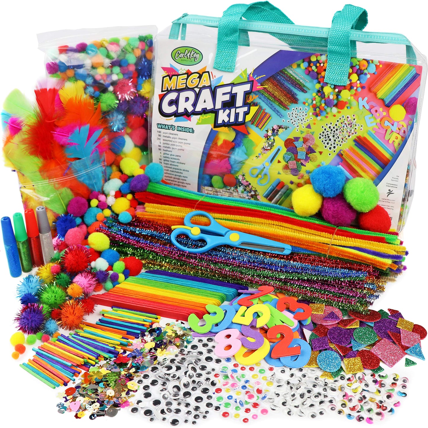 Carl & Kay Supply Co. Mega Arts & Crafts Kit for Kids — Portable Craft Bag, 150+ Supplies, Ages 4–8