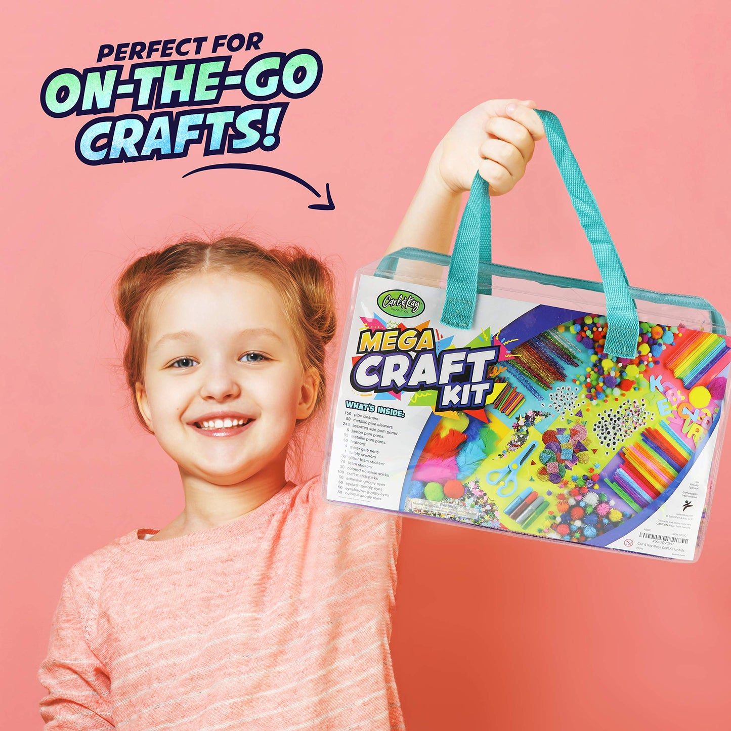 Carl & Kay Supply Co. Mega Arts & Crafts Kit for Kids — Portable Craft Bag, 150+ Supplies, Ages 4–8
