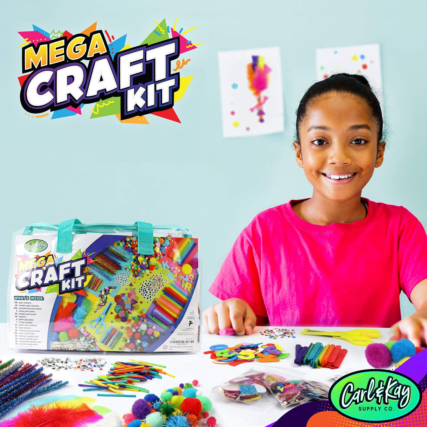 Carl & Kay Supply Co. Mega Arts & Crafts Kit for Kids — Portable Craft Bag, 150+ Supplies, Ages 4–8