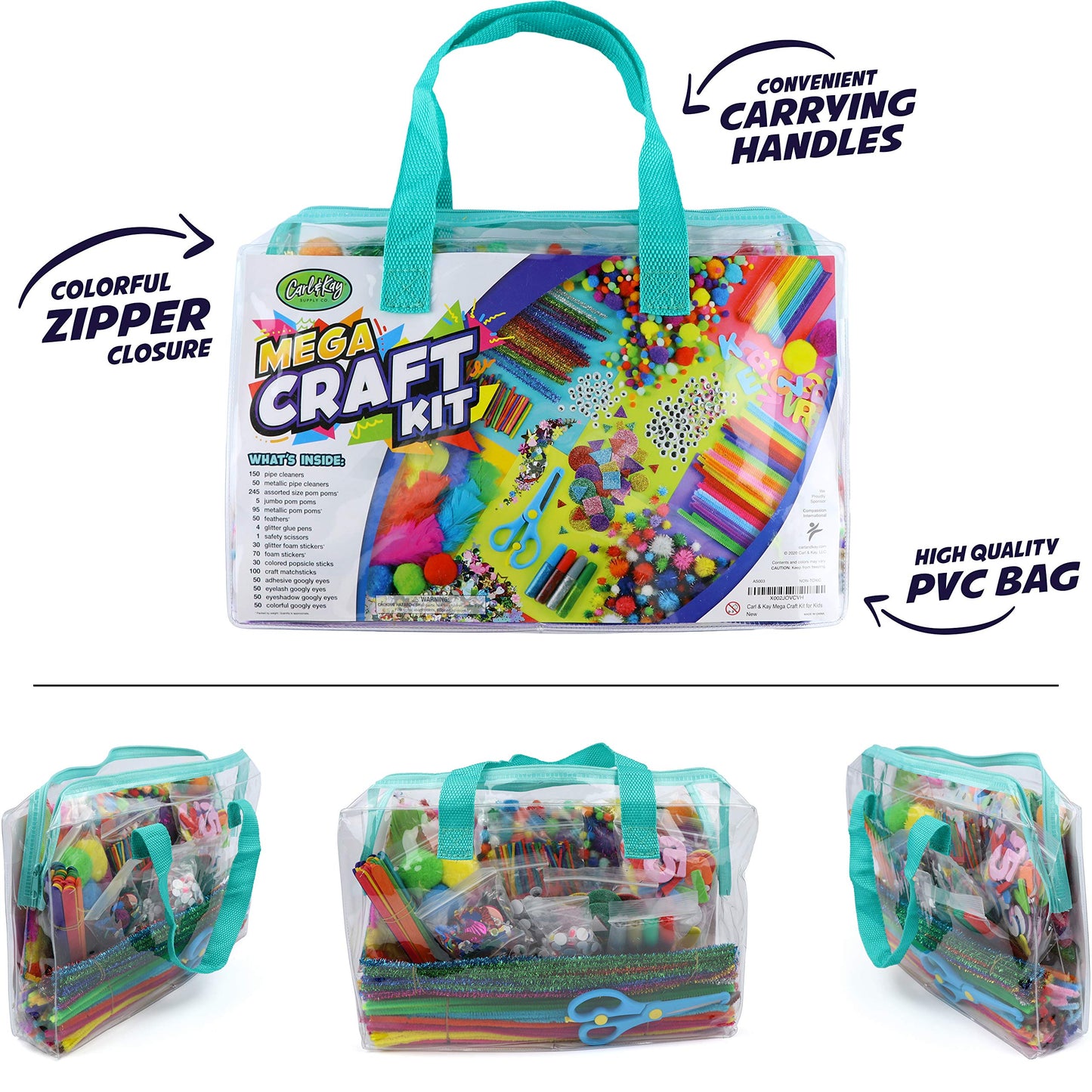 Carl & Kay Supply Co. Mega Arts & Crafts Kit for Kids — Portable Craft Bag, 150+ Supplies, Ages 4–8