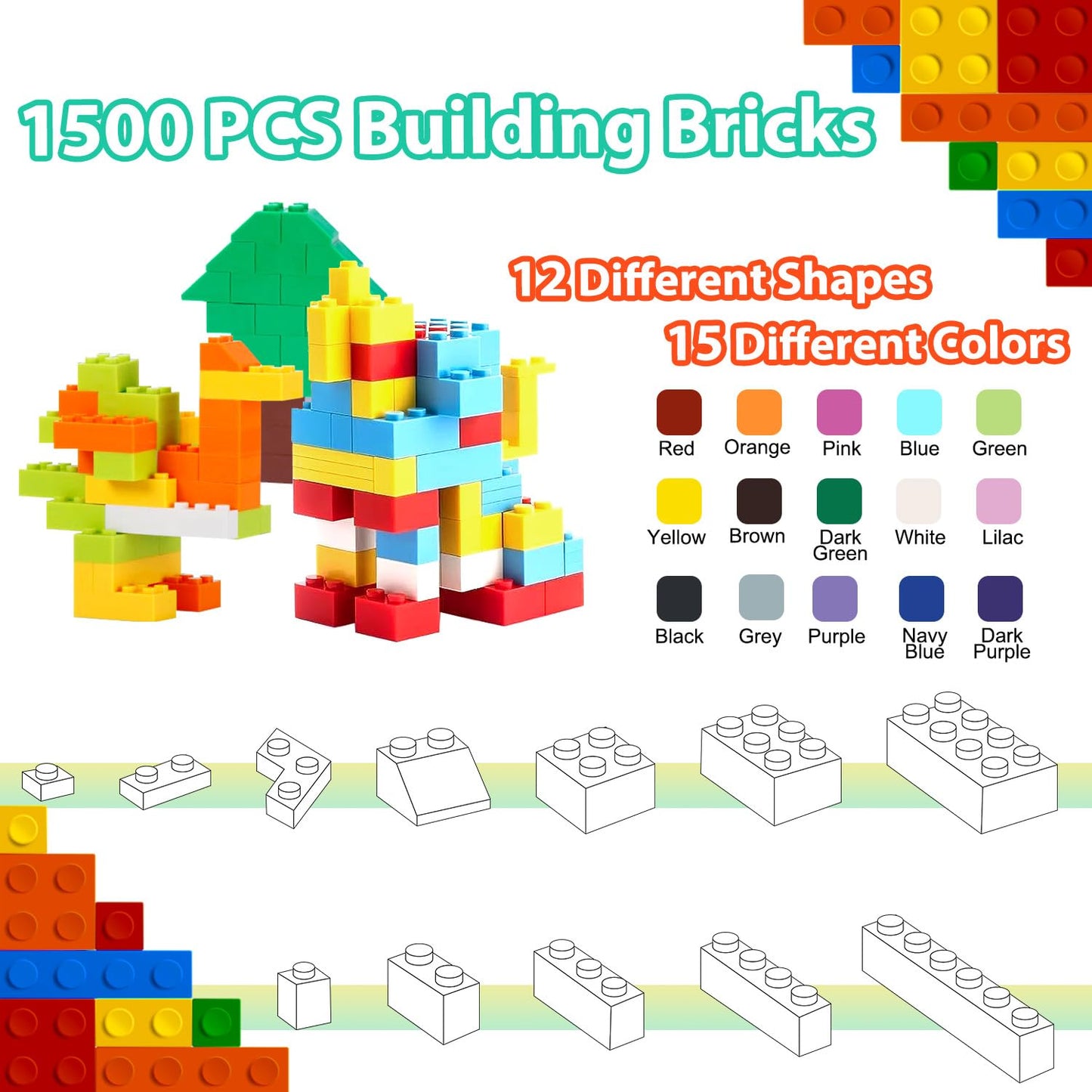 Carlerait 1500-Piece Classic Building Bricks – 15 Colors, 12 Shapes