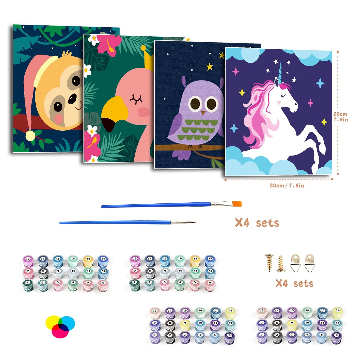 CarlonLin 4 Pack Paint by Numbers for Kids – Framed Canvas 8x8 Inch DIY Kits for Ages 4-12