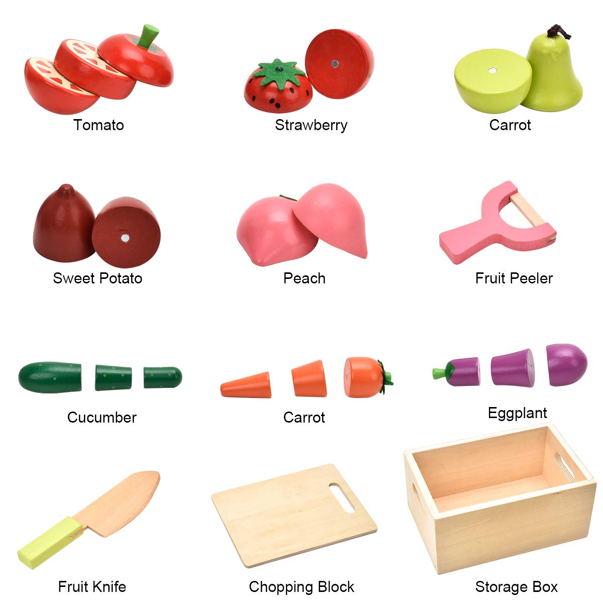 CARLORBO Wooden Play Food for Kids Kitchen – Sliceable Fruits & Veggies, Montessori Pretend Play