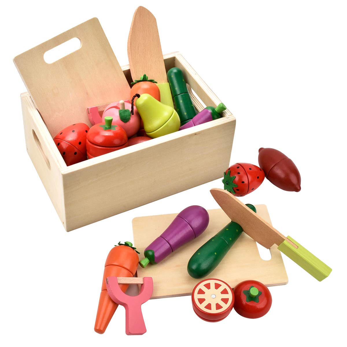 CARLORBO Wooden Play Food for Kids Kitchen – Sliceable Fruits & Veggies, Montessori Pretend Play