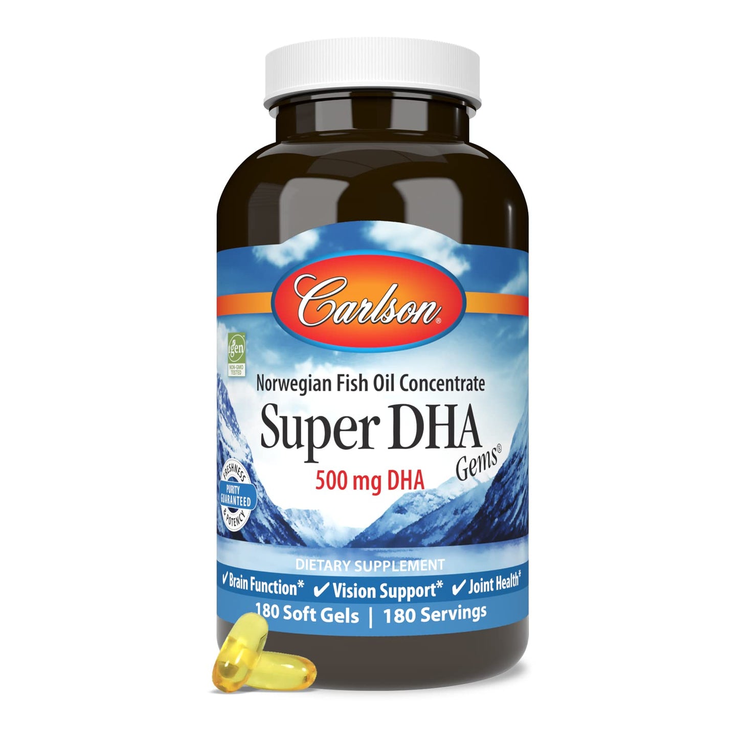 Carlson Super DHA Gems – 500 mg DHA, Wild-Caught Arctic Omega-3, 180 Softgels
