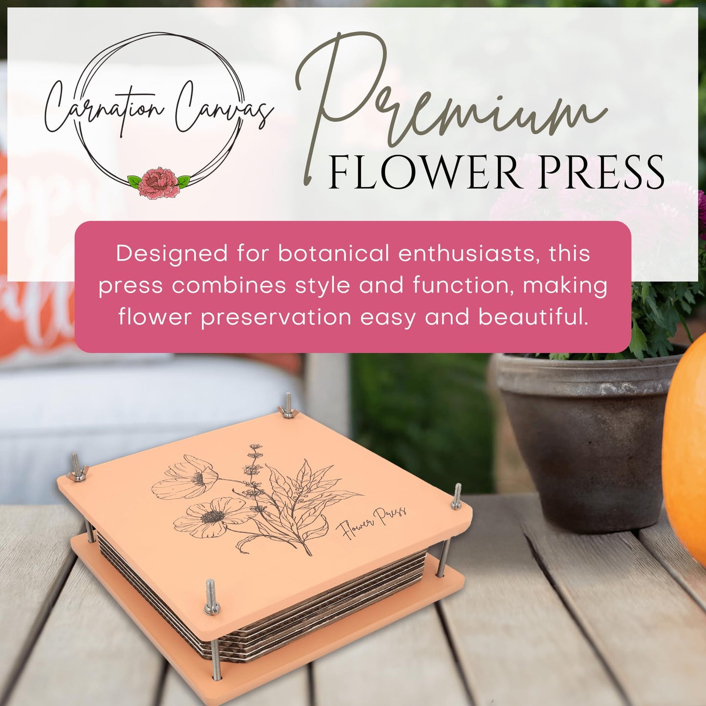 Carnation Canvas Wooden Flower Press — 10-Layer Bolt-Lock Kit + Ebook Guide