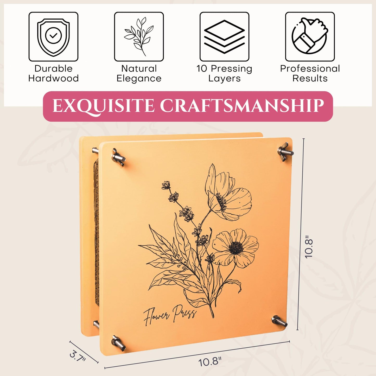 Carnation Canvas Wooden Flower Press — 10-Layer Bolt-Lock Kit + Ebook Guide