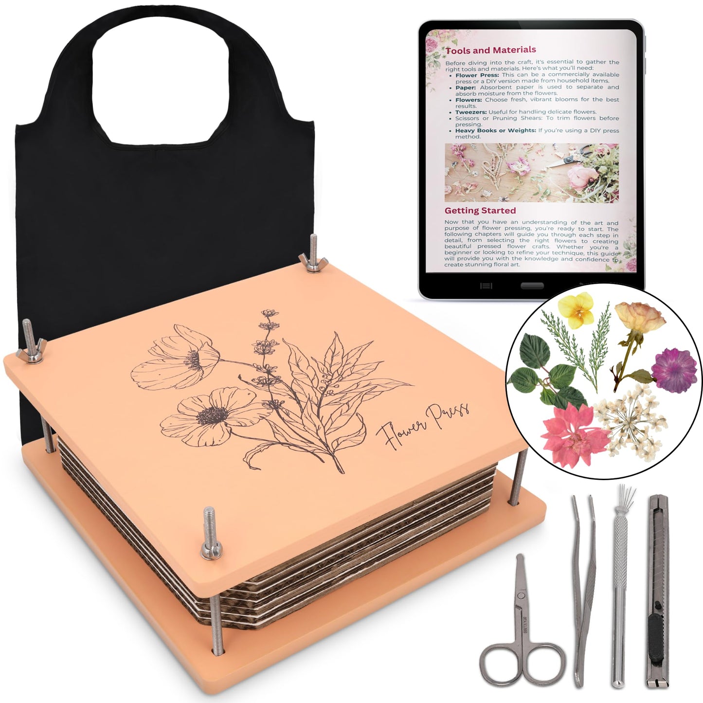 Carnation Canvas Wooden Flower Press — 10-Layer Bolt-Lock Kit + Ebook Guide