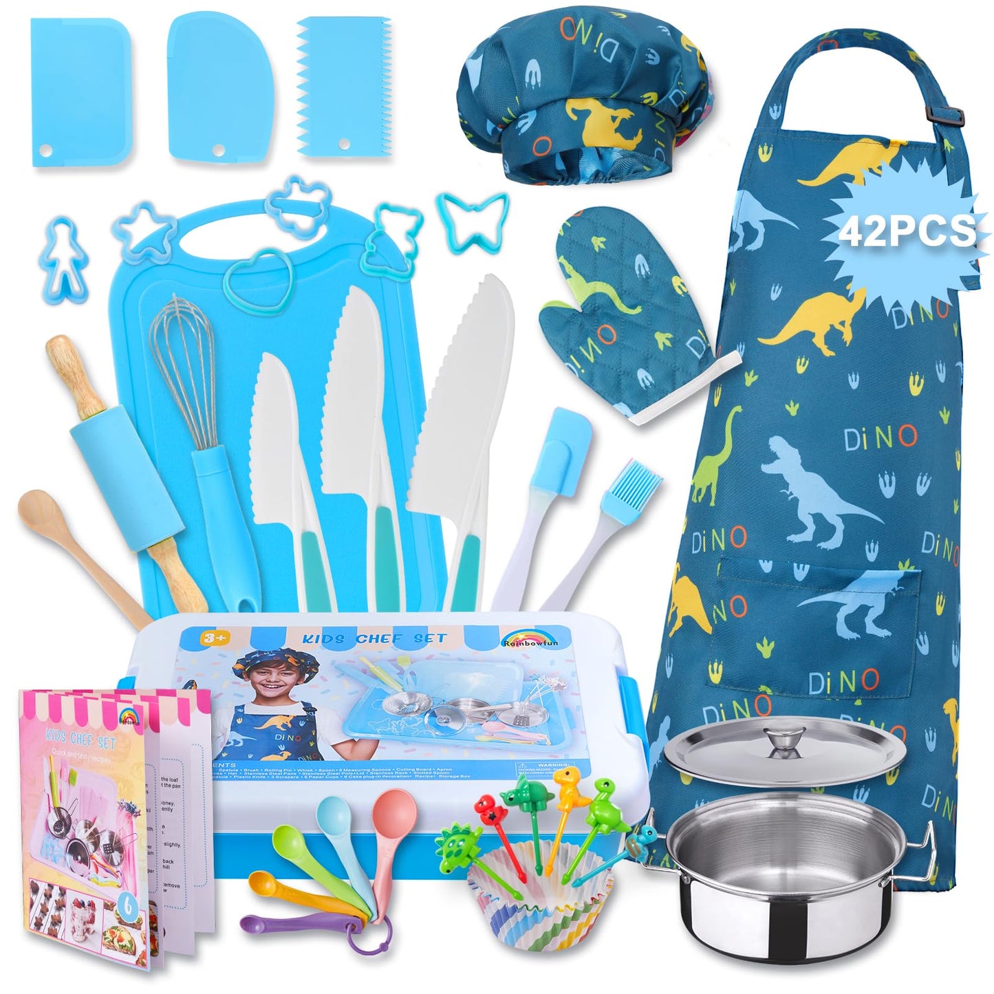 Carolart 42-Piece Kids Cooking Set | Real Knife, Pots & Pans, Apron & Chef Hat
