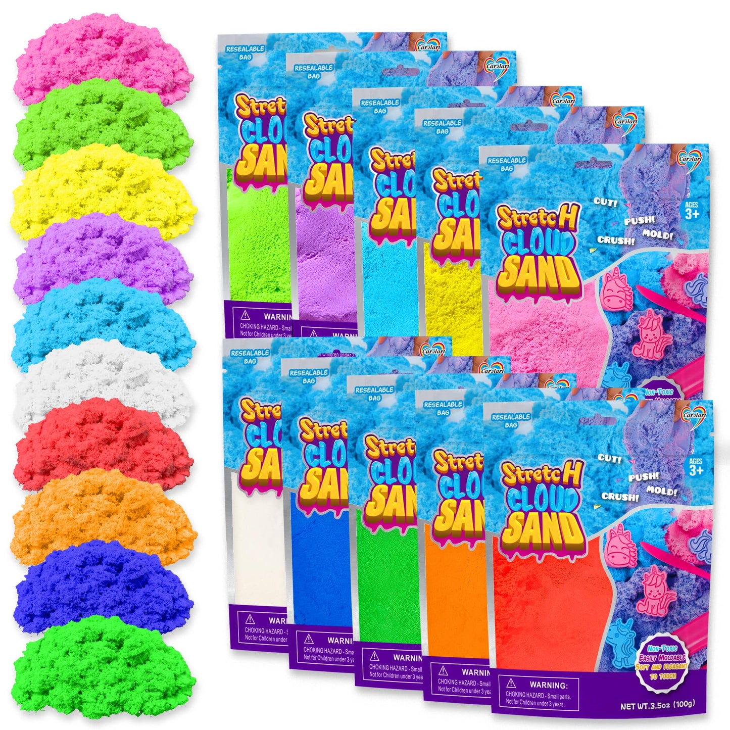Carolart Colorful Stretchy Sand Kit – 10-Color Sensory Sand for Kids 3+ | Reusable, No-Mess Play